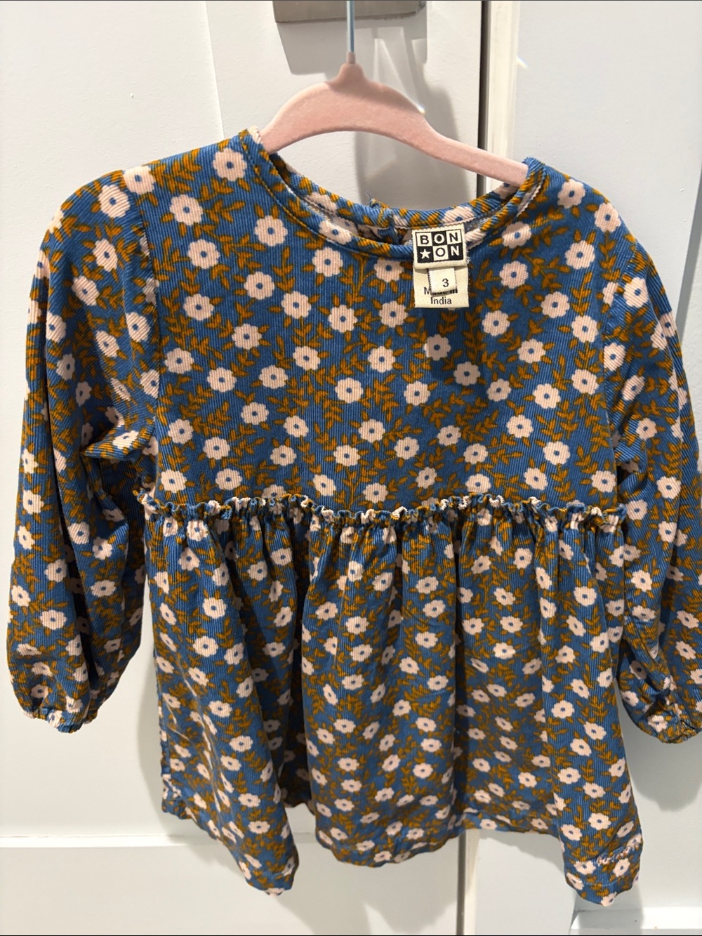 Bonton Floral Long-Sleeve Peplum Top in Blue, Mustard & White